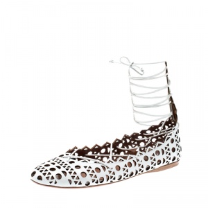 Alaia White Cutout Leather Lace Up Ballet Flats Size 38.5