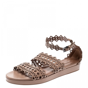 Alaia Beige Laser Cut Ankle Strap Flat Sandals Size 40
