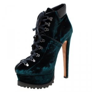 Alaia Emerald Green Velvet And Black Leather Hiker Platform Lace Up Boots Size 39