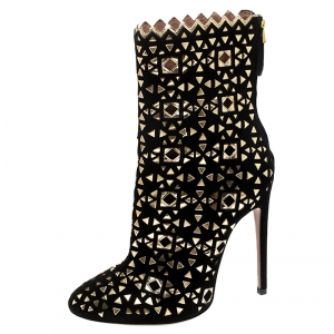 Alaia Black Suede Embellished Lazer Cut Ankle Boots Size 39