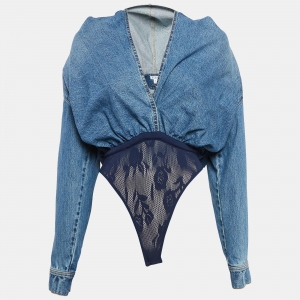 Alaia Blue Denim Plunge Neck Hooded Bodysuit S