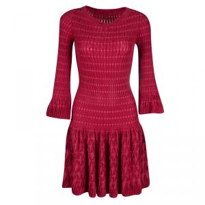 Alaia Red Chenille Wool Patterned Long Sleeve Skater Dress M