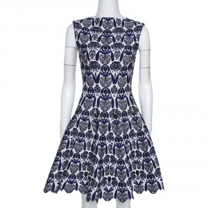Alaia Blue and White Wool Jacquard Knit Scalloped Hem Dress S