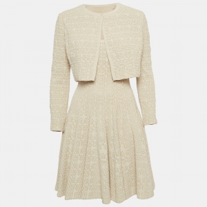 Alaia Beige Tweed Cropped Cardigan and Flared Mini Dress Set L