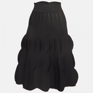 Alaia Black Knit Flared Scalloped Trim Midi Skirt M