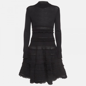 Alaia Black Wool Patterned Knit High Neck Short Dress L