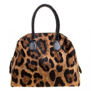 Alaia Beige/Black Leopard Print Calfhair and Snakeskin Satchel