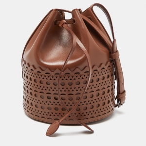 Alaia Brown Leather Drawstring Bucket Bag