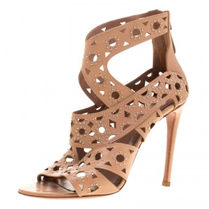 Alaia Beige Studded Leather Peep Toe Cutout Sandals Size 36