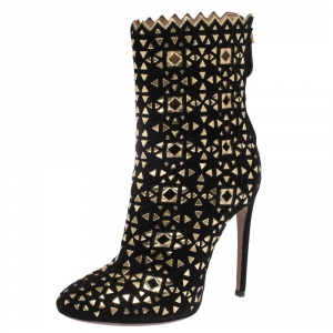 Alaia Black/Gold Lasercut Suede and Patent Leather Studded Ankle Boots Size 40