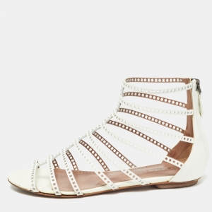 Pre Owned Alaia White Patent Leather Laser Cut Strappy Flat Sandals Size 37