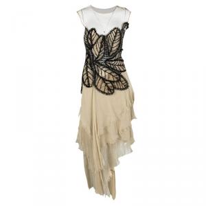 Alberta Ferretti Beige Applique Detail Layered Organdy Embroidered Dress L