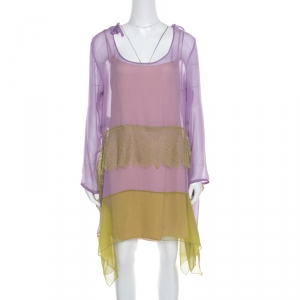 Alberta Ferretti Purple and Green Silk Lace Panel Insert Asymmetric Dress L