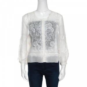 Alberta Ferretti Limited Edition Off White Lace and Silk Sheer Long Sleeve Blouse L