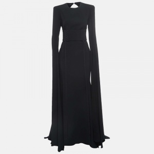 Alex Perry Black Stretch Crepe Lace Up Belted Long Dress L
