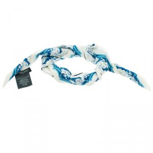 Pre Owned Alexander McQueen White Blue Hawks And Waves Print Cotton Square Scarf
