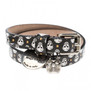 Pre Owned Alexander McQueen Black Skull Printed Leather Double Wrap Skull Charm Bracelet 