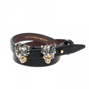Pre Owned Alexander McQueen King Queen Skull Embellished Black Leather Double Wrap Bracelet
