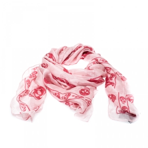Pre Owned Alexander McQueen Pink Skull Print Chiffon Silk Scarf