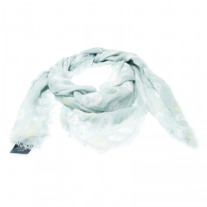 Pre Owned Alexander McQueen Mint Blue Skull and Roses Print Fringed Edge Scarf