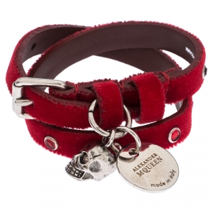 Pre Owned Alexander McQueen Red Studded Velvet Double Wrap Skull Leather Bracelet