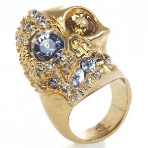 Alexander McQueen Golden Crystal Two-Faced Skull Cocktail Ring Size 55