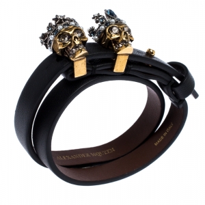 Pre Owned Alexander McQueen King Queen Skull Embellished Black Leather Double Wrap Bracelet