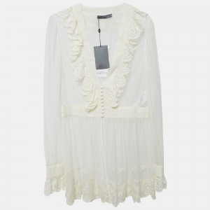 Pre Owned Alexander McQueen Off White Embroidered Tulle Sheer Tunic L