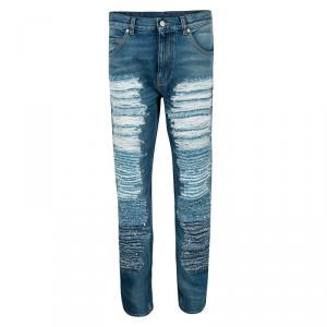 Pre Owned Alexander McQueen SS'16 Blue Ripped Effect Straight Fit Denim Jeans S