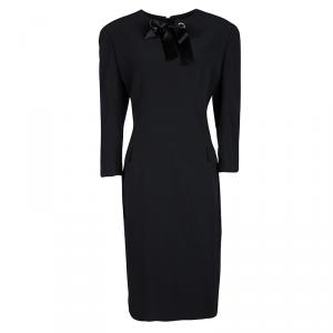 Alexander McQueen Black Satin Bow Detail Long Sleeve Leaf Crepe Dress L