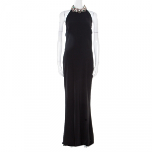Alexander McQueen Black Embellished Collar Halter Evening Gown L