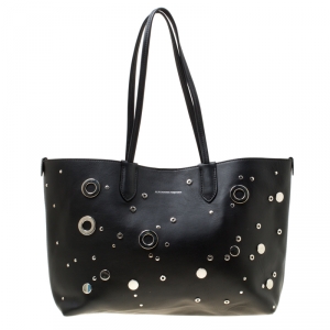 Alexander McQueen Black Leather Small Grommet Shopper Tote 