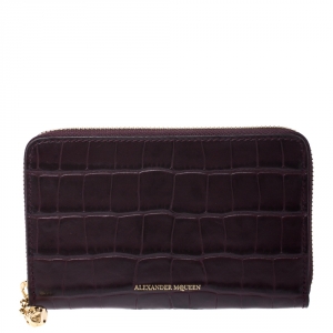 Alexander McQueen Burgundy Croc Embossed Leather Zip Around Wallet