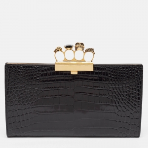 Pre Owned Alexander McQueen Black Croc Embossed Glossy Leather Knuckle Clutch