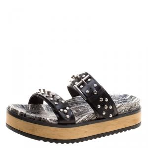 Pre Owned Alexander McQueen Black Studded Leather Paisley Platform Slides Size 38