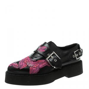 Pre Owned Alexander McQueen Black Butterfly Embroidered Leather Monk Strap Platform Loafers Size 37