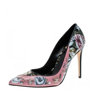 Pre Owned Alexander McQueen Multicolor Floral Print Patch and Embroidered Leather Pointed Toe Pumps Size 37