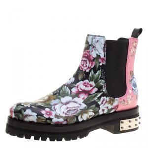 Pre Owned Alexander McQueen Multicolor Floral Print Patch and Embroidered Leather Chelsea Boots Size 37