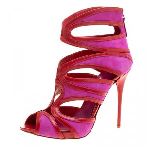 Pre Owned Alexander McQueen Two Tone Suede and Leather Cut Out Peep Toe Sandals Size 38.5