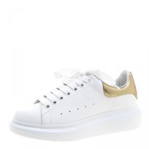Pre Owned Alexander McQueen White Leather with Metallic Gold Leather Trim Platform Sneakers Size 38