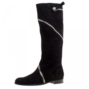 Pre Owned Alexander McQueen Black Suede Spiral Zip Knee Length Boots Size 41
