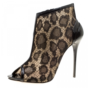 Pre Owned Alexander McQueen Black Lace and Patent Leather Peep Toe Ankle Booties Size 38.5