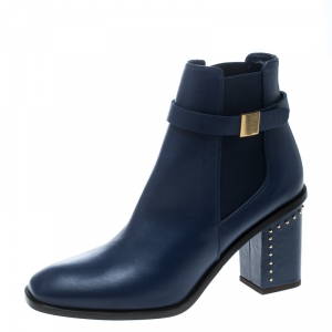 Pre Owned Alexander McQueen Midnight Blue Leather Studded Heel Ankle Boots Size 39