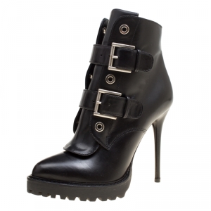 Pre Owned Alexander McQueen Black Leather Buckle Detail Platform Boots Size 36