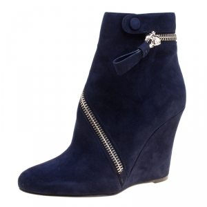 Pre Owned Alexander McQueen Indigo Blue Suede Spiral Zip Detail Wedge Ankle Boots Size 38.5