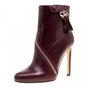 Pre Owned Alexander McQueen Burgundy Leather Spiral Zip Ankle Boots Size 37.5