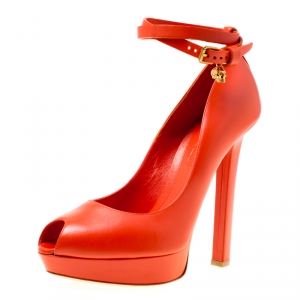 Pre Owned Alexander McQueen Orange Leather Ankle Wrap Peep Toe Platform Pumps Size 40