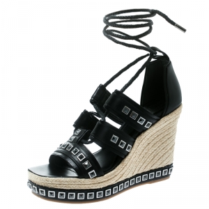 Pre Owned Alexander McQueen Black Leather Stud Detail Ankle Tie Espadrille Wedge Sandals Size 39