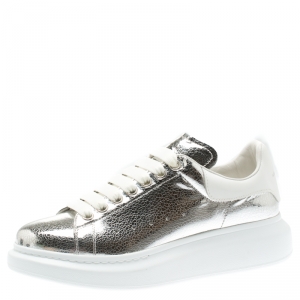 Pre Owned Alexander McQueen Metallic Silver/White Leather Classic Larry Platform Lace Up Sneakers Size 40.5