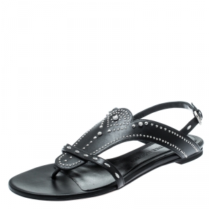 Pre Owned Alexander McQueen Black Studded Leather Flat Sandals Size 38.5